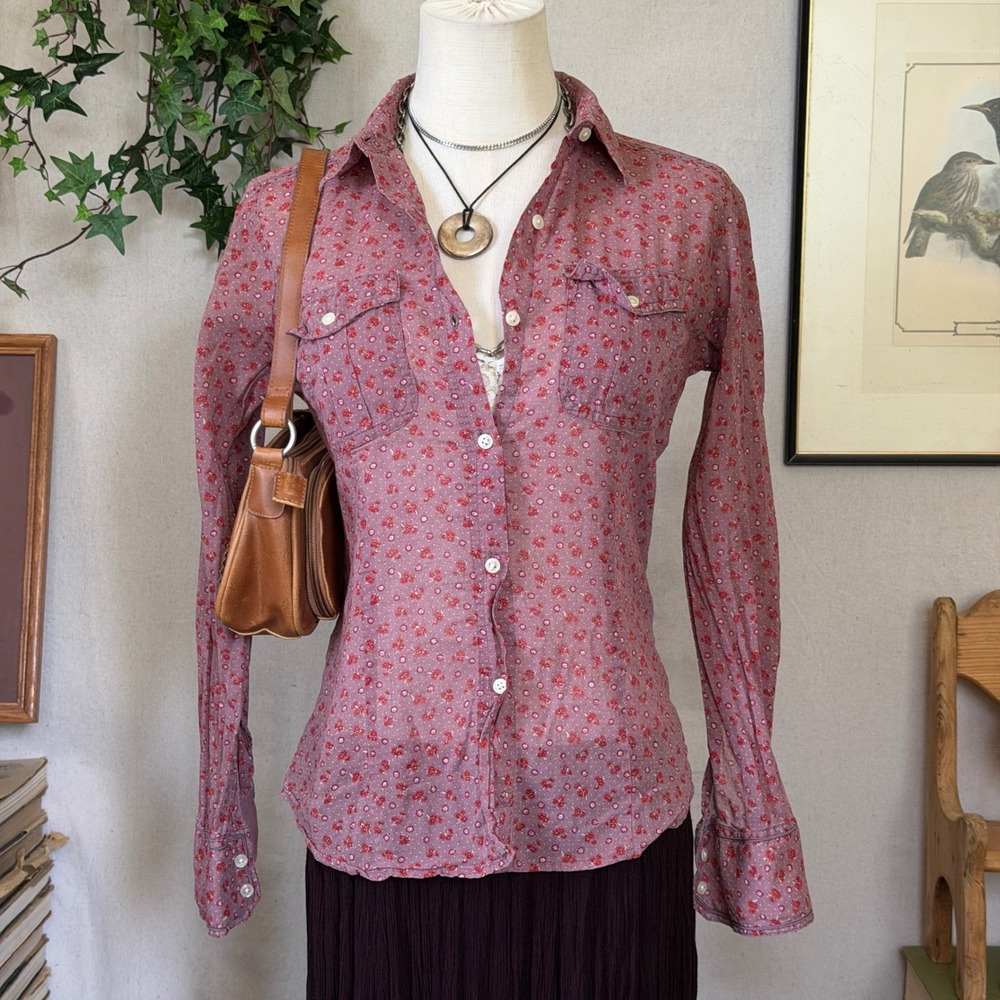 Red Floral Ditsy Print Button Down Shirt Western Boho Vintage S Y2K Whimsy Twee